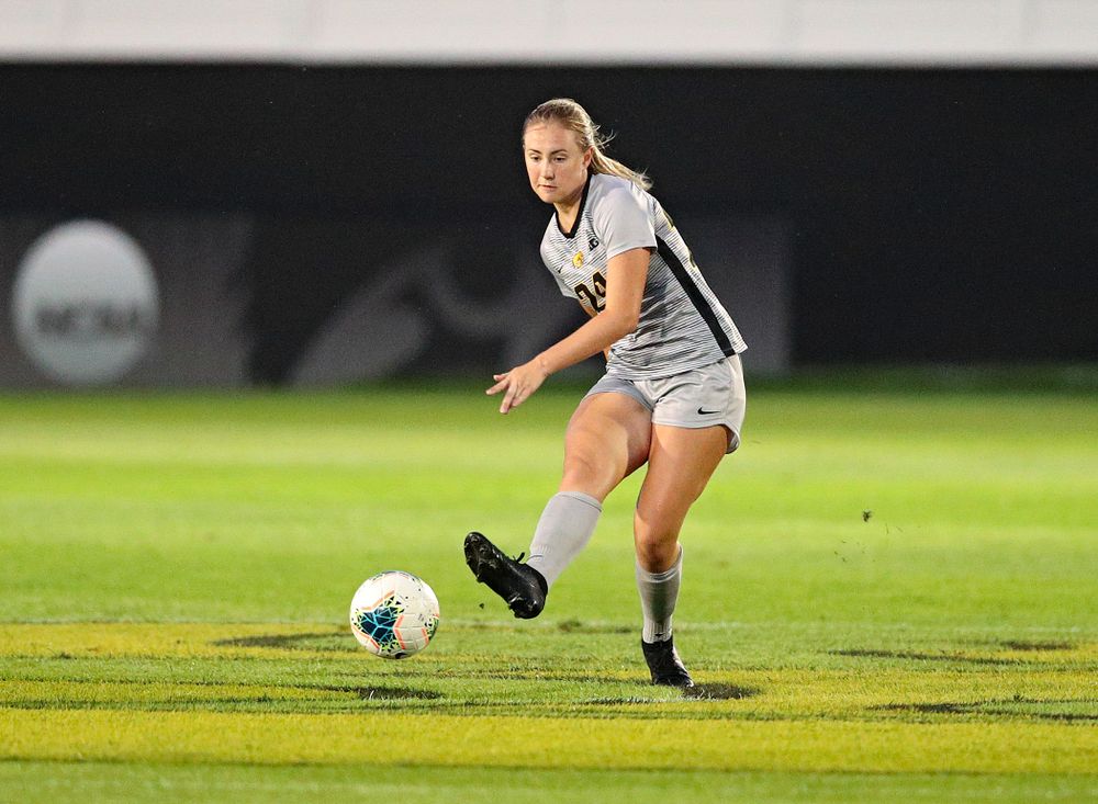 Iowa defender Sara Wheaton (24) passes during the first half of their match at the Iowa Soccer Complex in Iowa City on Friday, Sep 13, 2019. (Stephen Mally/hawkeyesports.com)