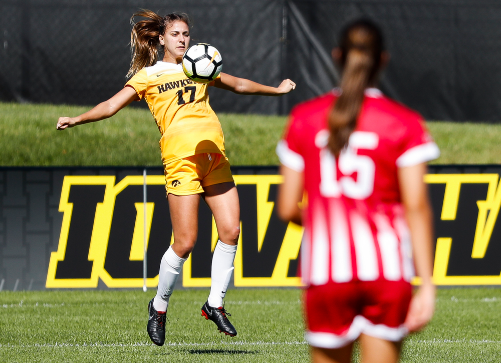 Iowa Hawkeyes defender Hannah Drkulec (17) corrals a pass during a game against Indiana at the Iowa Soccer Complex on September 23, 2018. (Tork Mason/hawkeyesports.com)
