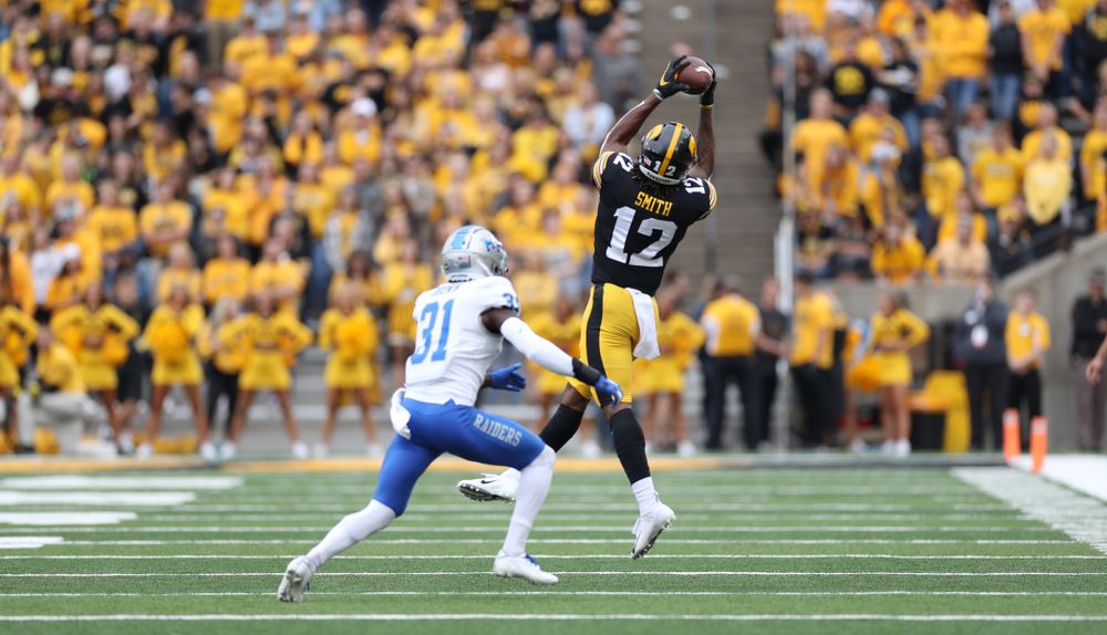 Iowa Hawkeyes wide receiver Brandon Smith (12) against Middle Tennessee State Saturday, September 28, 2019 at Kinnick Stadium. (Max Allen/hawkeyesports.com)