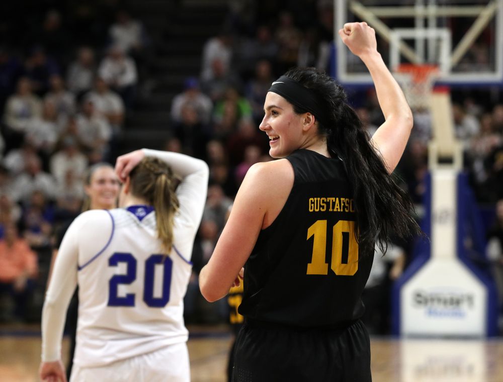Iowa Hawkeyes forward Megan Gustafson (10) against the Drake Bulldogs Friday, December 21, 2018 at the Knapp Center in Des Moines. (Brian Ray/hawkeyesports.com)