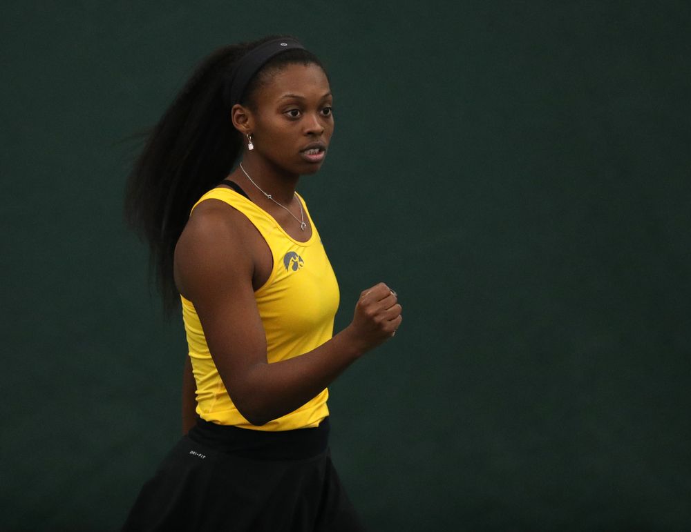 Iowa's Adorabol Huckleby plays a doubles match against Xavier Friday, January 18, 2019 at the Hawkeye Tennis and Recreation Center. (Brian Ray/hawkeyesports.com)