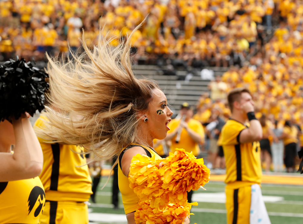 The Iowa Dance team performs against the Northern Illinois Huskies Saturday, September 1, 2018 at Kinnick Stadium. (Brian Ray/hawkeyesports.com)d