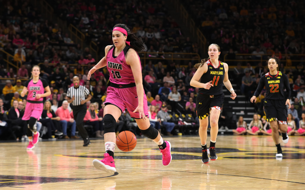Iowa Hawkeyes forward Megan Gustafson (10) against the seventh ranked Maryland Terrapins Sunday, February 17, 2019 at Carver-Hawkeye Arena. (Brian Ray/hawkeyesports.com)