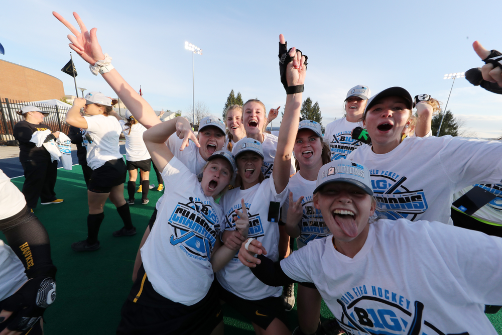 The Iowa Hawkeyes celebrate their victory over Penn State in the 2019 Big Ten Field Hockey Tournament Championship Game Sunday, November 10, 2019 in State College. (Brian Ray/hawkeyesports.com)