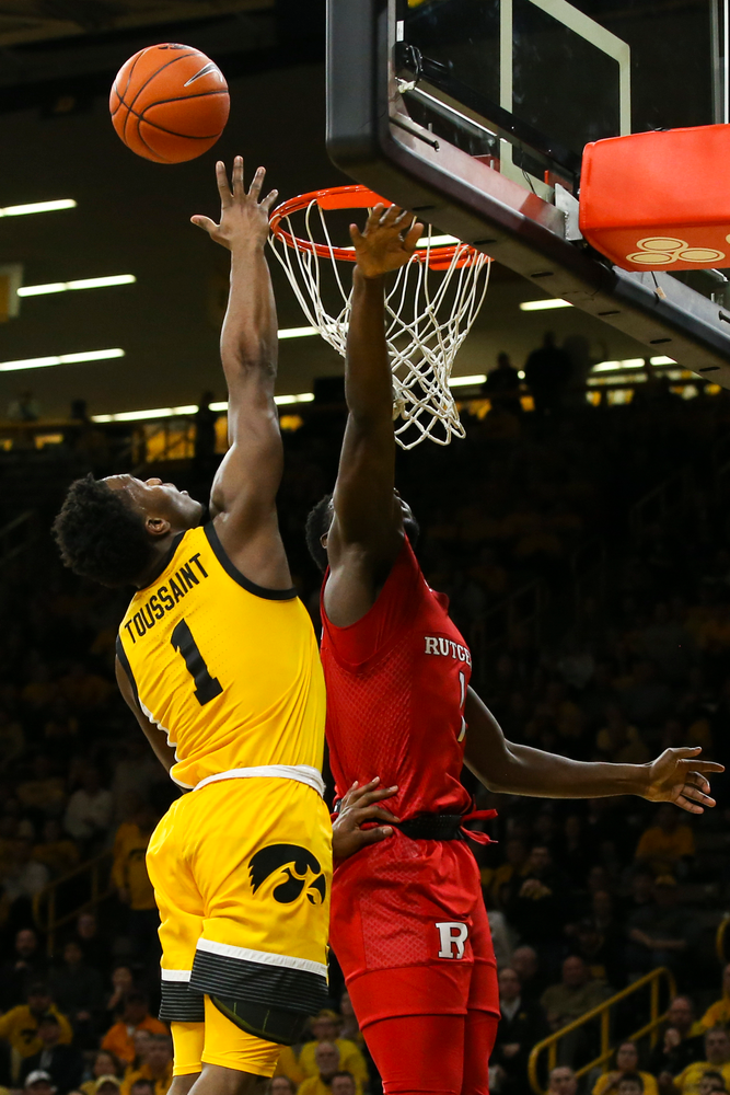 Iowa Hawkeyes guard Joe Toussaint (1) attempts a shot during the Iowa men’s basketball game vs Rutgers on Wednesday, January 22, 2020 at Carver-Hawkeye Arena. (Lily Smith/hawkeyesports.com)