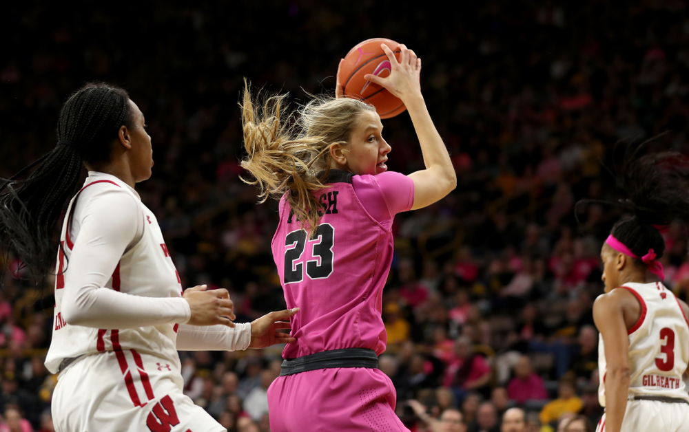 Iowa Hawkeyes Logan Cook (23) against the Wisconsin Badgers Sunday, February 16, 2020 at Carver-Hawkeye Arena. (Brian Ray/hawkeyesports.com)