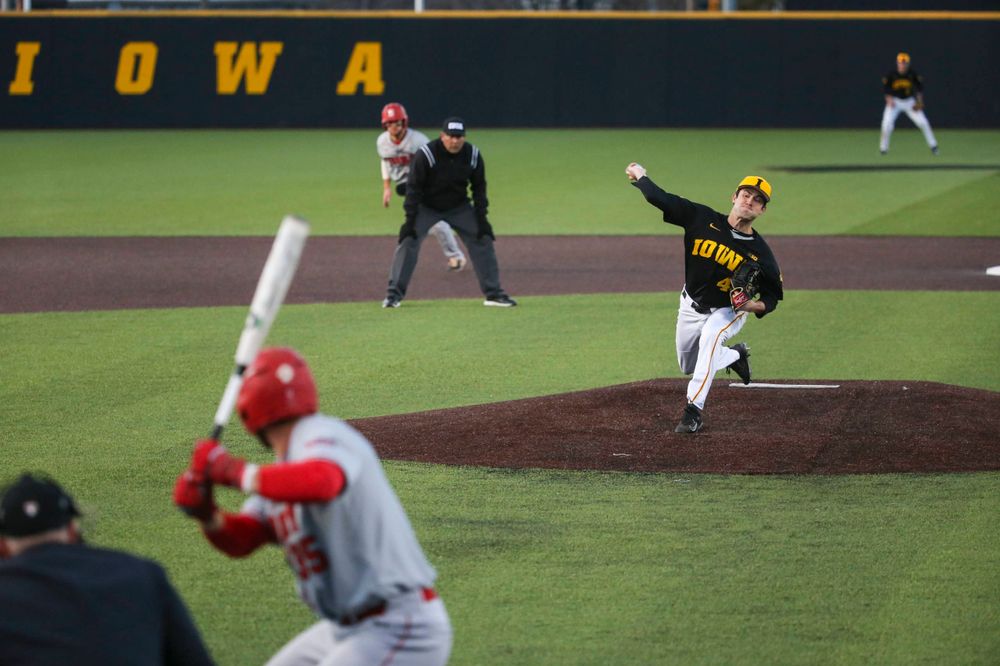 Iowa pitcher Grant Leonard (43) at the game vs. Bradley on Tuesday, March 26, 2019 at (place). (Lily Smith/hawkeyesports.com)