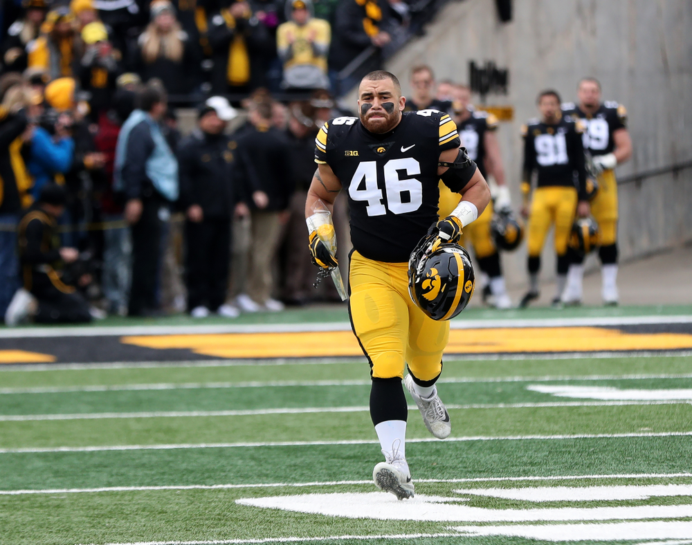 Iowa Hawkeyes fullback Austin Kelly (46) during senior day activities before their game against the Nebraska Cornhuskers Friday, November 23, 2018 at Kinnick Stadium. (Brian Ray/hawkeyesports.com)