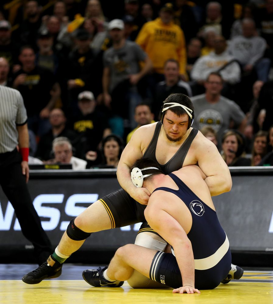 Iowa’s Tony Cassioppi wrestles Penn State’s Seth Nevills at heavyweight Friday, January 31, 2020 at Carver-Hawkeye Arena. Cassioppi won the match 6-0. (Brian Ray/hawkeyesports.com)