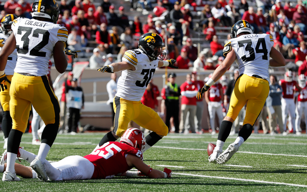 Iowa Hawkeyes defensive back Jake Gervase (30) against the Indiana Hoosiers Saturday, October 13, 2018 at Memorial Stadium, in Bloomington, Ind. (Brian Ray/hawkeyesports.com)
