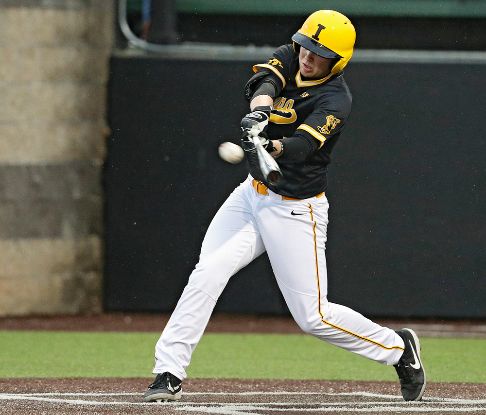 Iowa Hawkeyes first baseman Zeb Adreon (5) bats during the sixth inning of their game against Illinois State at Duane Banks Field in Iowa City on Wednesday, Apr. 3, 2019. (Stephen Mally/hawkeyesports.com)
