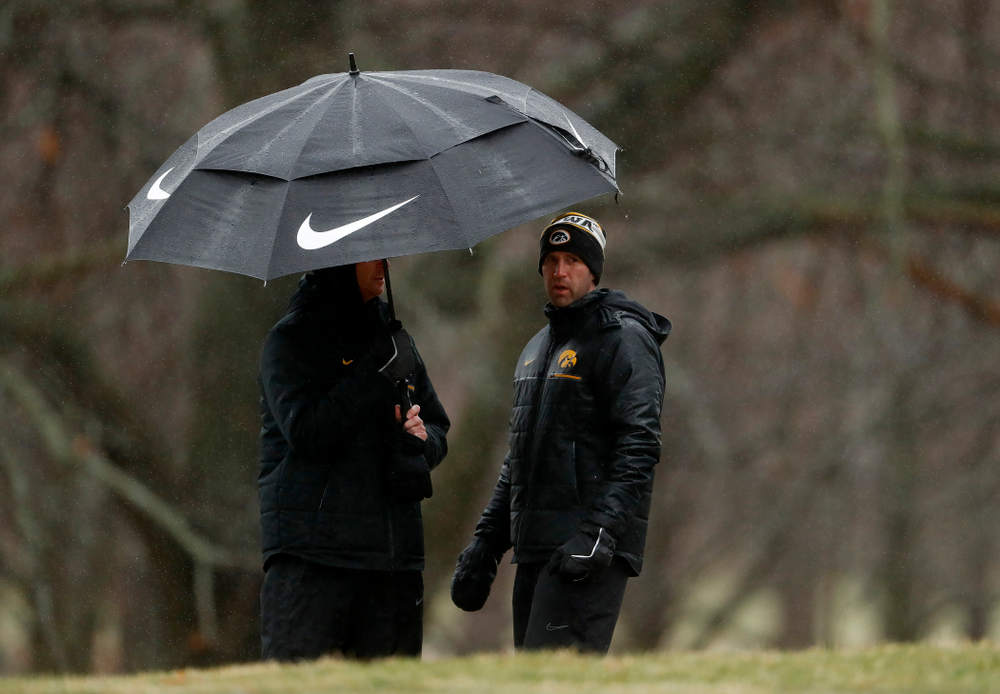 Iowa Men's Golf Head Coach Tyler Stith and assistant coach Jeff Schmid during day two of the 2018 Hawkeye Invitational Friday, April 13, 2018 at Finkbine Golf Course. (Brian Ray/hawkeyesports.com)