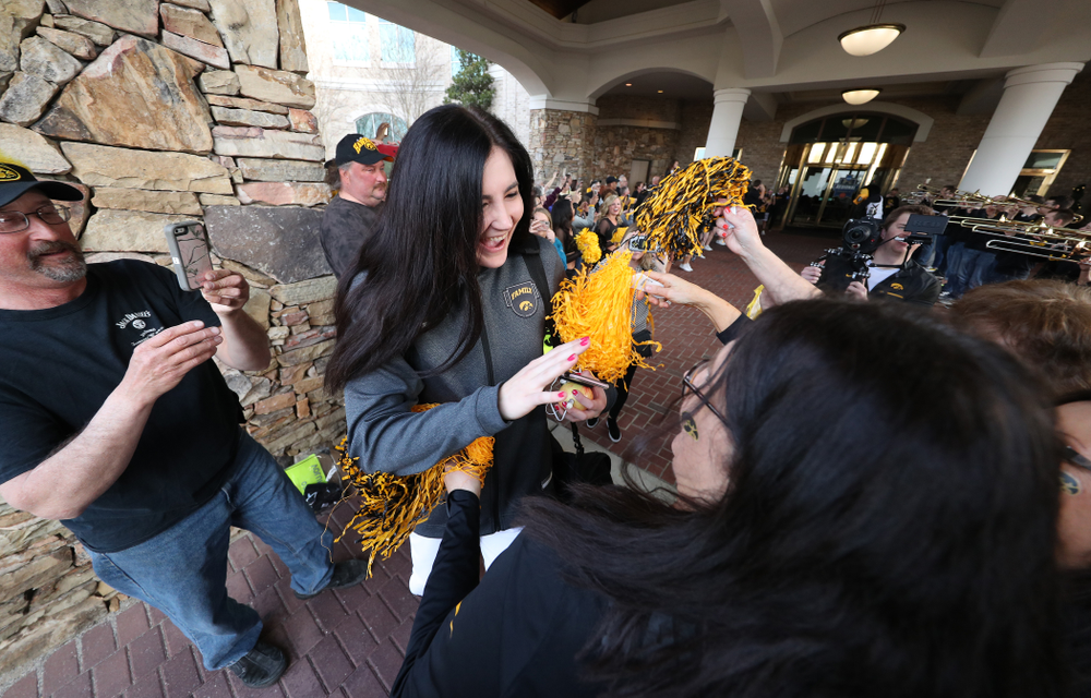 Iowa Hawkeyes forward Megan Gustafson (10) during a send off at the hotel before their game against the NC State Wolfpack in the regional semi-final of the 2019 NCAA Women's College Basketball Tournament Saturday, March 30, 2019 at Greensboro Coliseum in Greensboro, NC.(Brian Ray/hawkeyesports.com)