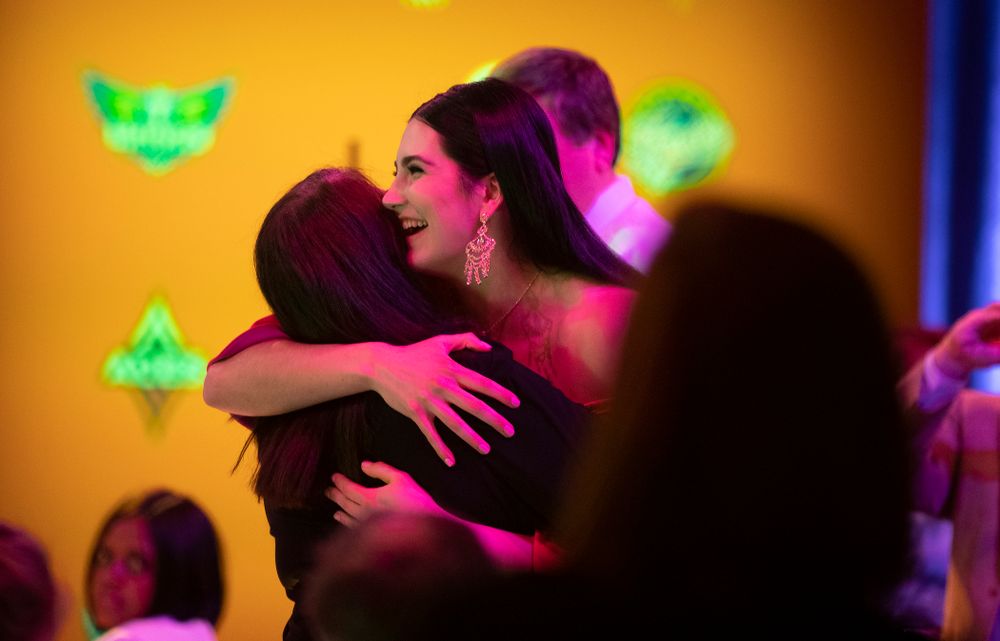 Iowa Hawkeyes forward Megan Gustafson (10) hugs her mother after being selected by the Dallas Wings in the second round of the 2019 WNBA Draft Wednesday, April 10, 2019 at Nike New York Headquarters in New York City. (Brian Ray/hawkeyesports.com)