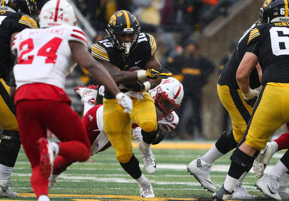 Iowa Hawkeyes running back Mekhi Sargent (10) runs the ball during a game against Nebraska at Kinnick Stadium on November 23, 2018. (Tork Mason/hawkeyesports.com)