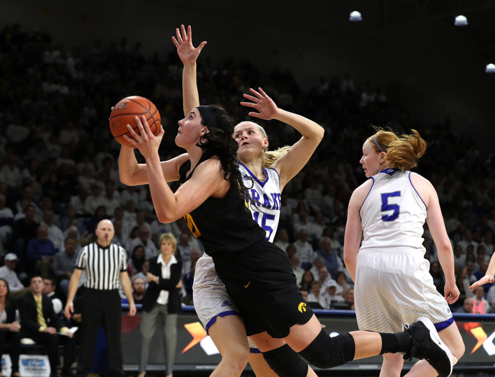 Iowa Hawkeyes forward Megan Gustafson (10) against the Drake Bulldogs Friday, December 21, 2018 at the Knapp Center in Des Moines. (Brian Ray/hawkeyesports.com)