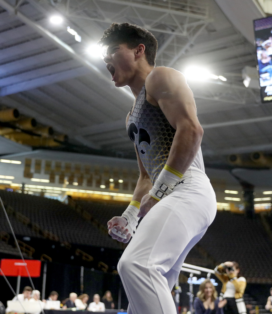 Iowa’s Evan Davis competes on the high bar against UIC and Minnesota Saturday, February 1, 2020 at Carver-Hawkeye Arena. (Brian Ray/hawkeyesports.com)
