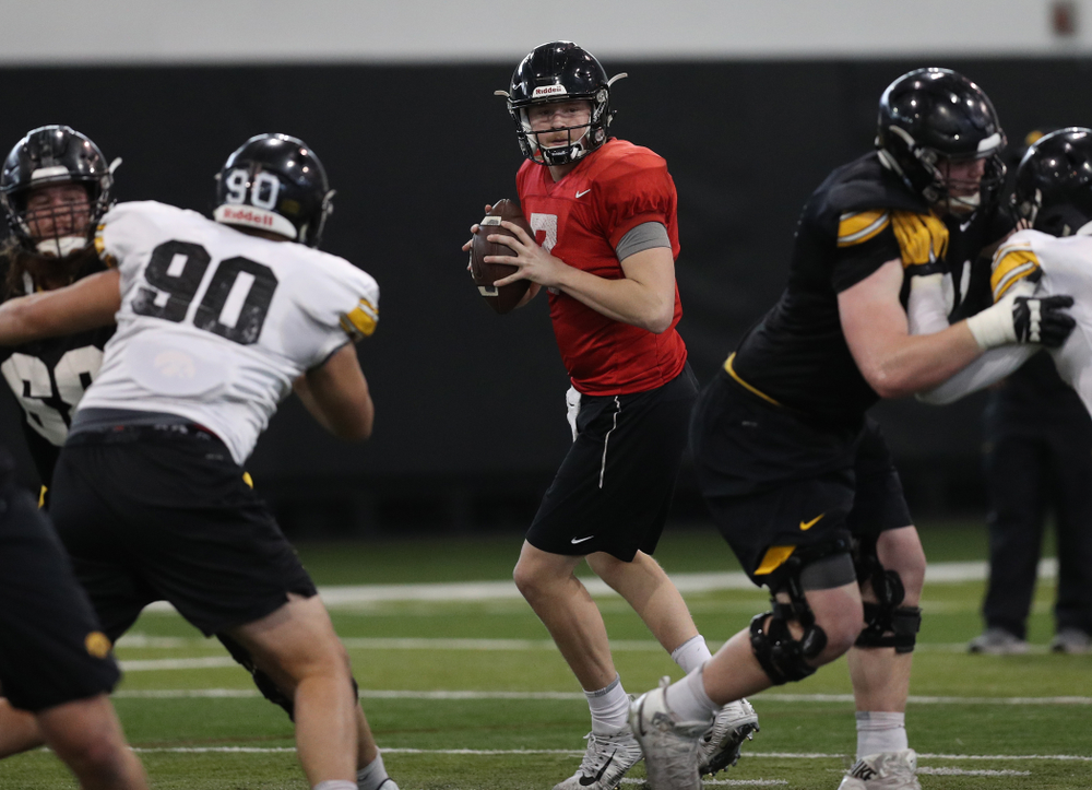 Iowa Hawkeyes quarterback Spencer Petras (7) during practice Wednesday, December 12, 2018 at the Hansen Football Performance Center in preparation for the Outback Bowl game against Mississippi State. (Brian Ray/hawkeyesports.com)