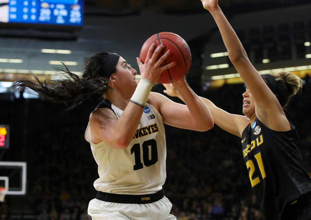 Iowa Hawkeyes center Megan Gustafson (10) scores a basket during the second quarter of their second round game in the 2019 NCAA Women's Basketball Tournament at Carver Hawkeye Arena in Iowa City on Sunday, Mar. 24, 2019. (Stephen Mally for hawkeyesports.com)