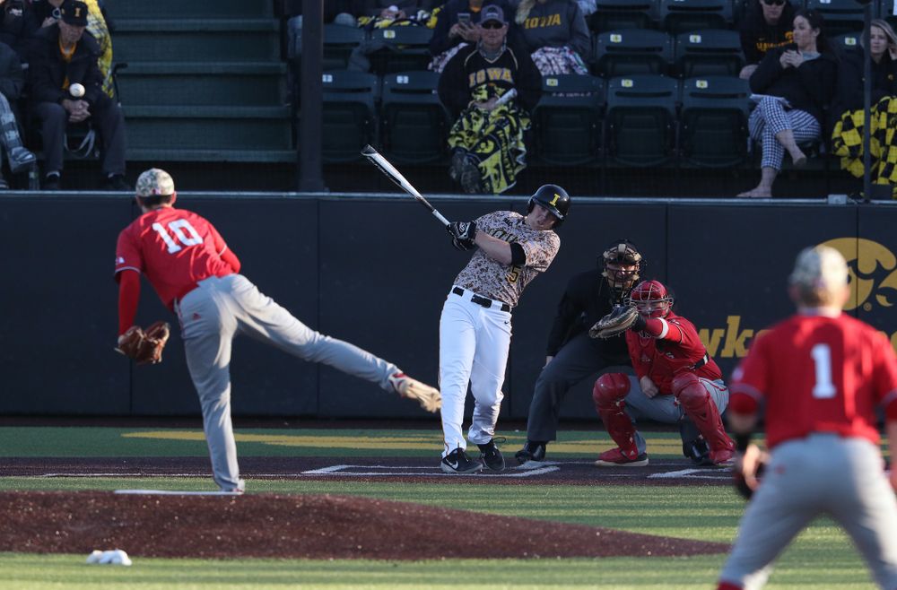 Iowa Hawkeyes Zeb Adreon (5) against the Nebraska Cornhuskers on Military Appreciation Night Friday, April 19, 2019 at Duane Banks Field. (Brian Ray/hawkeyesports.com)