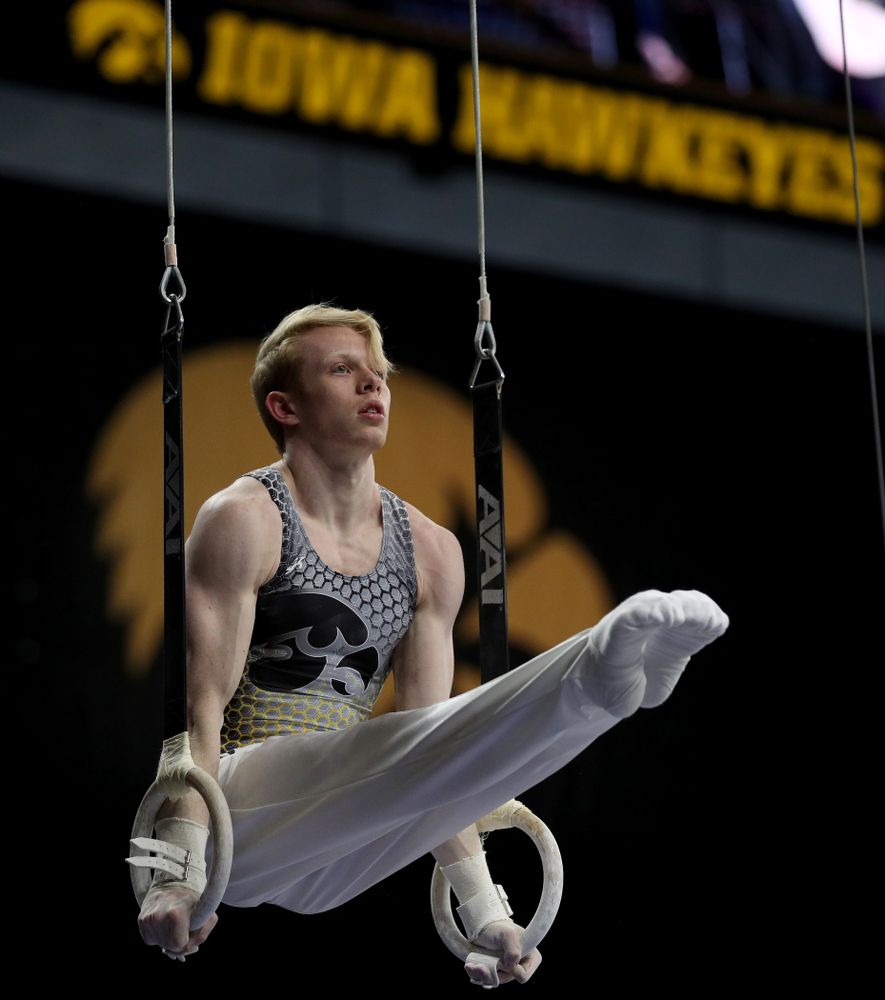 Iowa’s Nick Merryman competes on the rings against Illinois Sunday, March 1, 2020 at Carver-Hawkeye Arena. (Brian Ray/hawkeyesports.com)