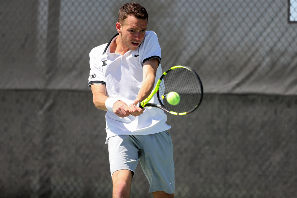 Iowa's Kareem Allaf during his match against Michigan at the Hawkeye Tennis and Recreation Complex in Iowa City on Sunday, Apr. 21, 2019. (Stephen Mally/hawkeyesports.com)