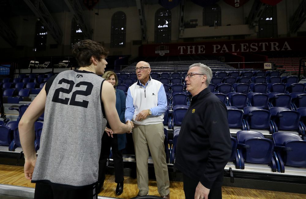 Iowa Hawkeyes head coach Fran McCaffery introduces his son Patrick McCaffery to Bob Weinhauer, his head coach from Penn, before practice at the Palestra Friday, January 3, 2020 in Philadelphia. (Brian Ray/hawkeyesports.com)