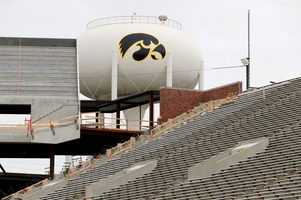 The view of the north end zone and water tower tiger hawk from the east hash mark of the south 10 yard-line Wednesday, June 6, 2018 at Kinnick Stadium. (Brian Ray/hawkeyesports.com)