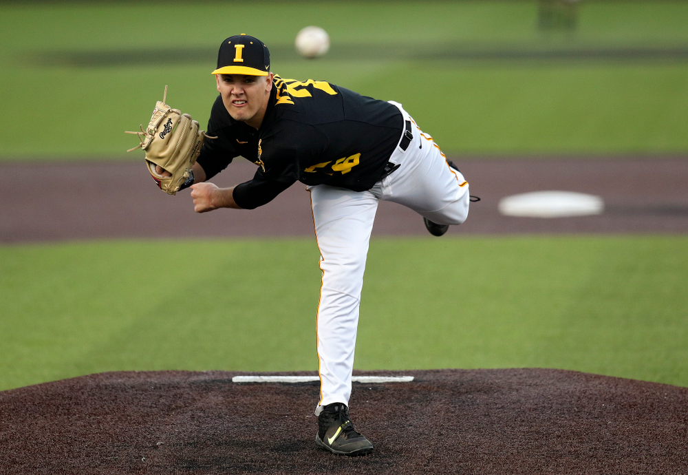Iowa pitcher Adam Ketelsen (26) delivers to the plate during the eighth inning of their college baseball game at Duane Banks Field in Iowa City on Tuesday, March 10, 2020. (Stephen Mally/hawkeyesports.com)