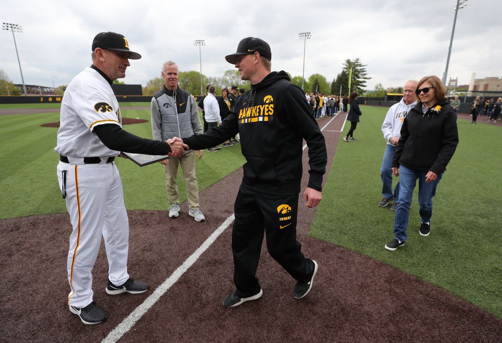 Student Manager T.J. Feldman during senior day festivities before their game against Michigan State Sunday, May 12, 2019 at Duane Banks Field. (Brian Ray/hawkeyesports.com)
