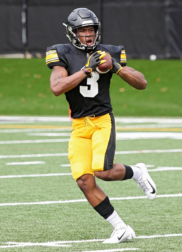 Iowa Hawkeyes wide receiver Tyrone Tracy Jr. (3) pulls in a pass during Fall Camp Practice No. 10 at the Hansen Football Performance Center in Iowa City on Tuesday, Aug 13, 2019. (Stephen Mally/hawkeyesports.com)