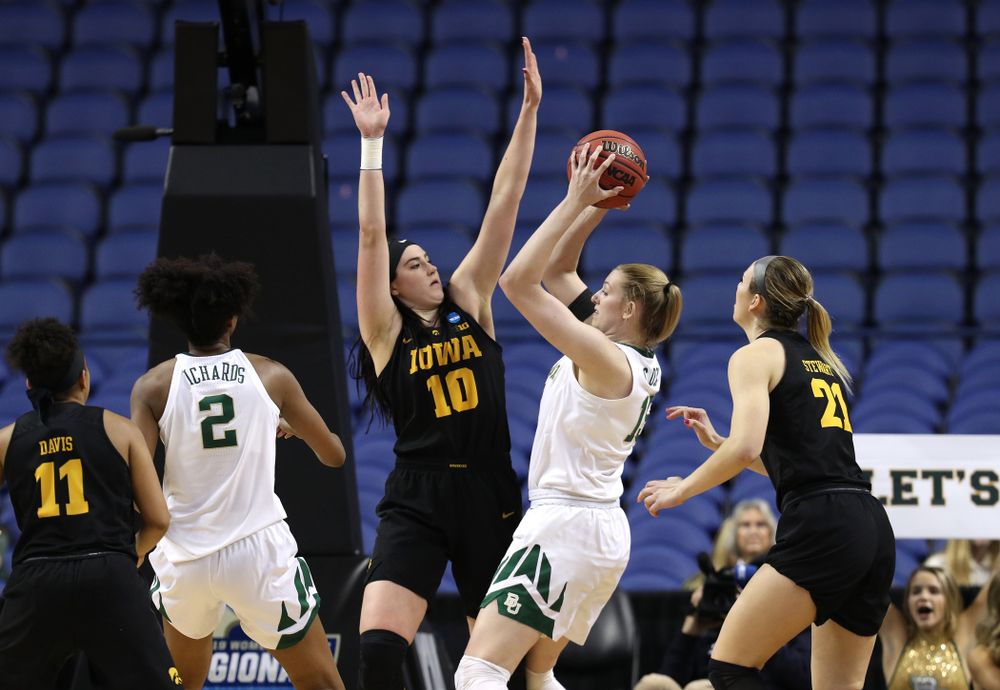 Iowa Hawkeyes forward Megan Gustafson (10) against the Baylor Lady Bears in the regional final of the 2019 NCAA Women's College Basketball Tournament Monday, April 1, 2019 at Greensboro Coliseum in Greensboro, NC.(Brian Ray/hawkeyesports.com)