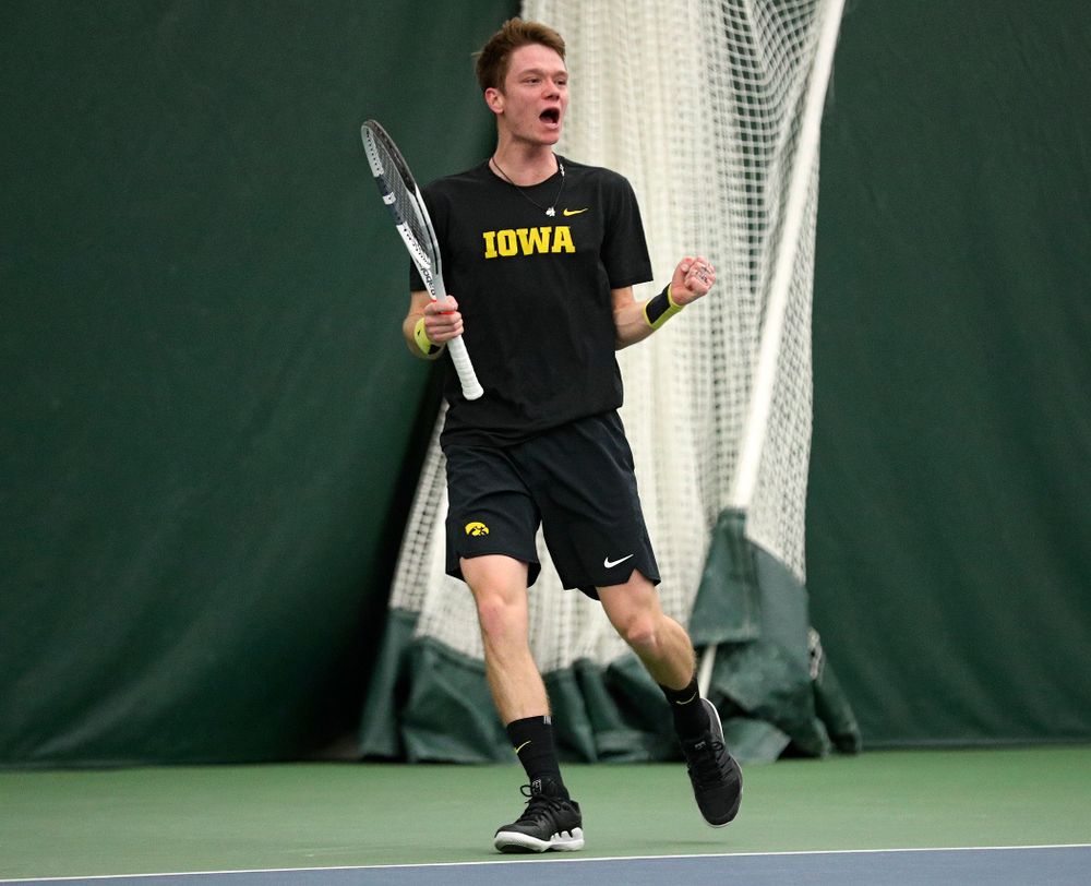Iowa’s Jason Kerst celebrates a point during his singles match at the Hawkeye Tennis and Recreation Complex in Iowa City on Friday, March 6, 2020. (Stephen Mally/hawkeyesports.com)