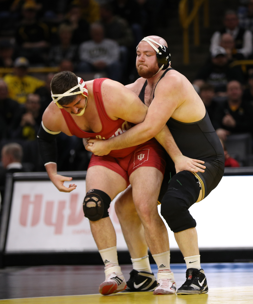 Iowa's Sam Stoll wrestles Indiana's Fletcher Miller at heavyweight Friday, February 15, 2019 at Carver-Hawkeye Arena. (Brian Ray/hawkeyesports.com)