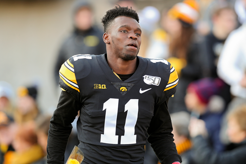Iowa Hawkeyes defensive back Michael Ojemudia (11) is acknowledged on senior day before their game at Kinnick Stadium in Iowa City on Saturday, Nov 23, 2019. (Stephen Mally/hawkeyesports.com)
