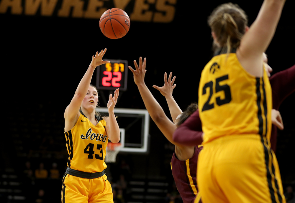 Iowa Hawkeyes forward Amanda Ollinger (43) against the Minnesota Golden Gophers Thursday, February 27, 2020 at Carver-Hawkeye Arena. (Brian Ray/hawkeyesports.com)