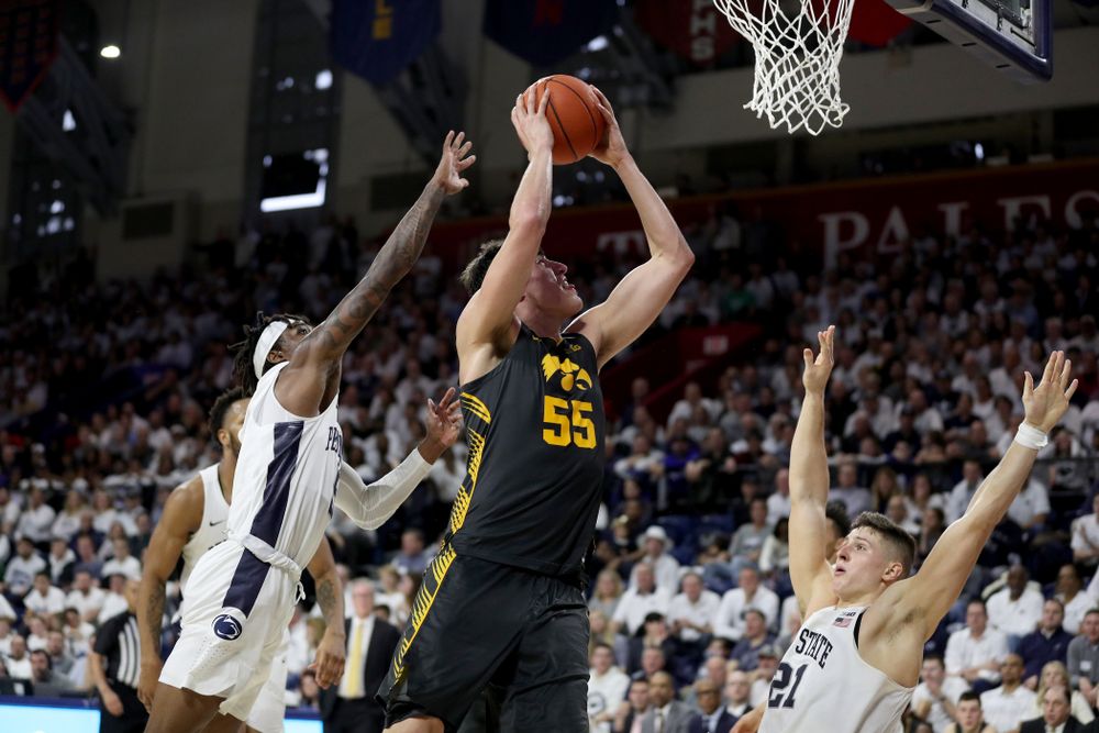 Iowa Hawkeyes forward Luka Garza (55) against Penn State Saturday, January 4, 2020 at the Palestra in Philadelphia. (Brian Ray/hawkeyesports.com)