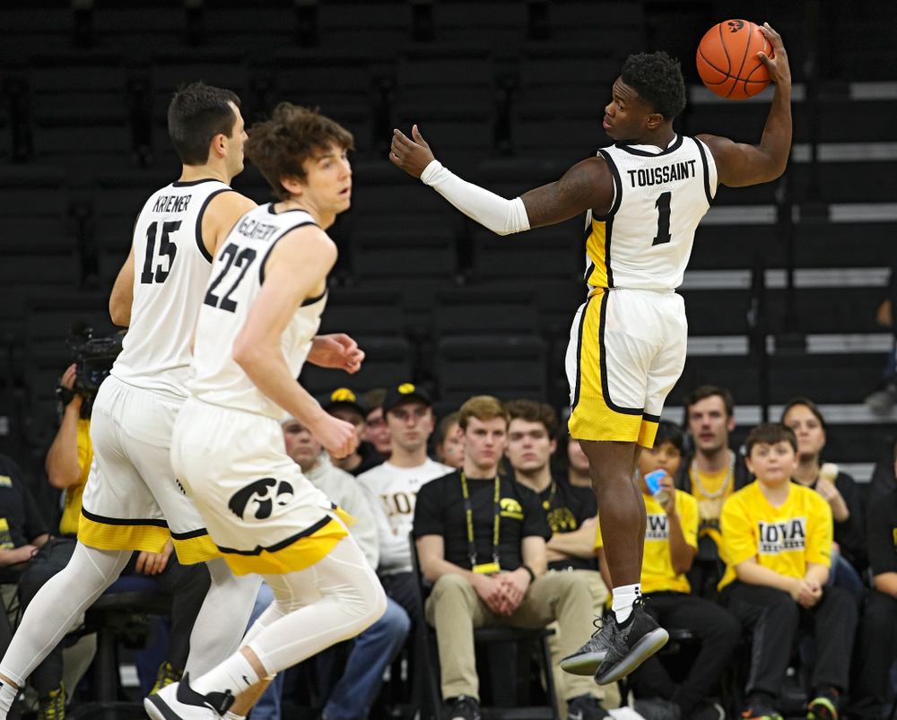 Iowa Hawkeyes guard Joe Toussaint (1) pulls in a rebound during the second half of their exhibition game against Lindsey Wilson College at Carver-Hawkeye Arena in Iowa City on Monday, Nov 4, 2019. (Stephen Mally/hawkeyesports.com)