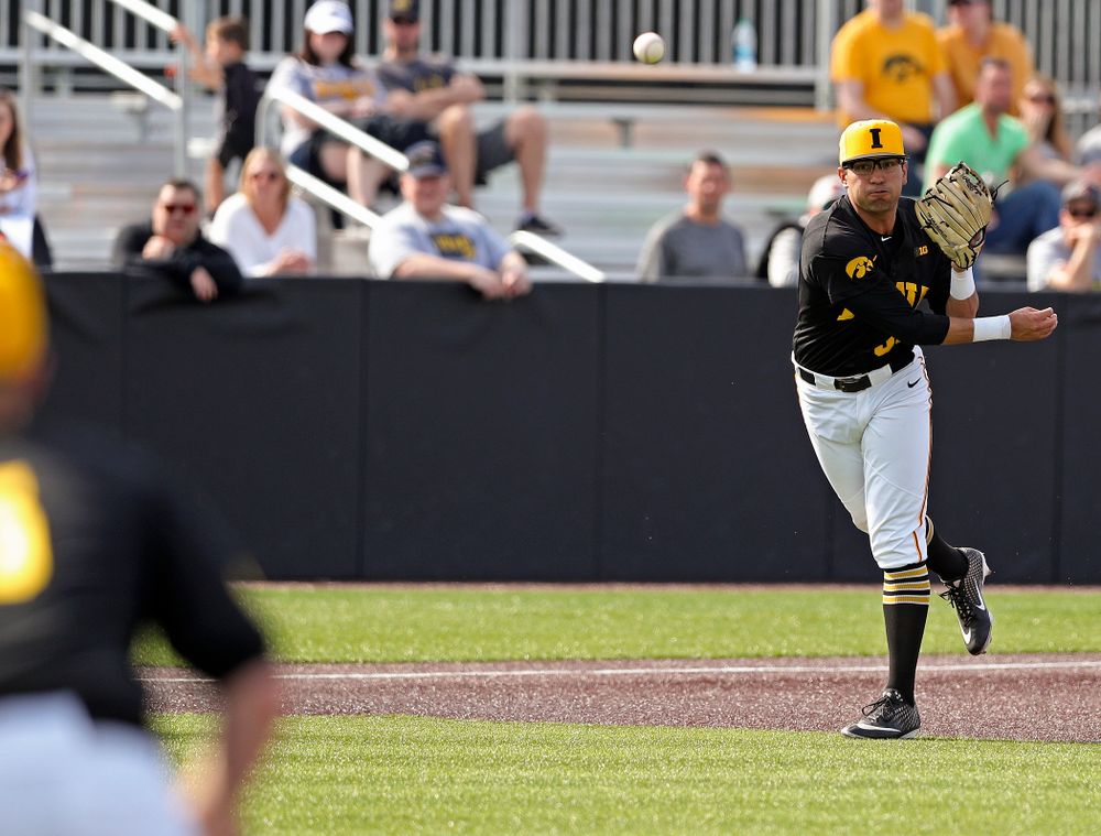 Iowa Hawkeyes third baseman Matthew Sosa (31) throws to first for an out during the seventh inning of their game against Rutgers at Duane Banks Field in Iowa City on Saturday, Apr. 6, 2019. (Stephen Mally/hawkeyesports.com)