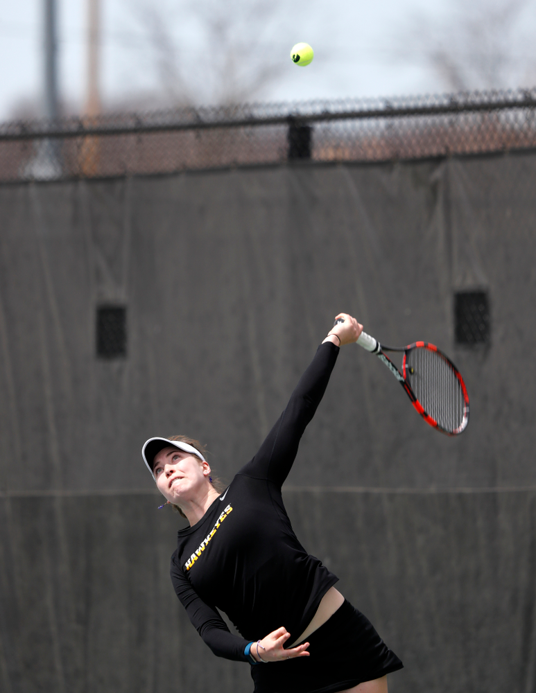 Iowa's Anastasia Reimchen against the Wisconsin Badgers Sunday, April 22, 2018 at the Hawkeye Tennis and Recreation Center. (Brian Ray/hawkeyesports.com)