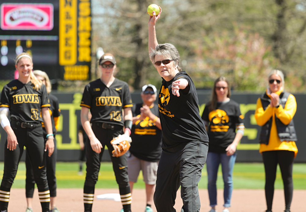 Former Iowa head coach Gayle Blevins throws out the first pitch before the game against Ohio State at Pearl Field in Iowa City on Saturday, May. 4, 2019. (Stephen Mally/hawkeyesports.com)