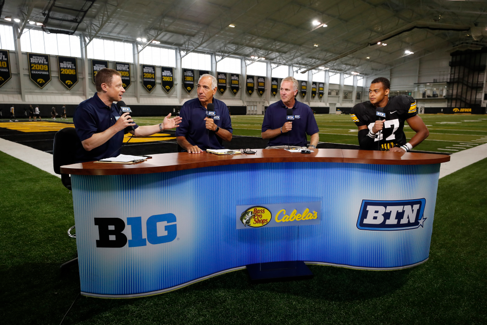 Iowa Hawkeyes tight end Noah Fant (87) on the Big Ten Network set Monday, August 20, 2018 at the Hansen Football Performance Center. (Brian Ray/hawkeyesports.com)