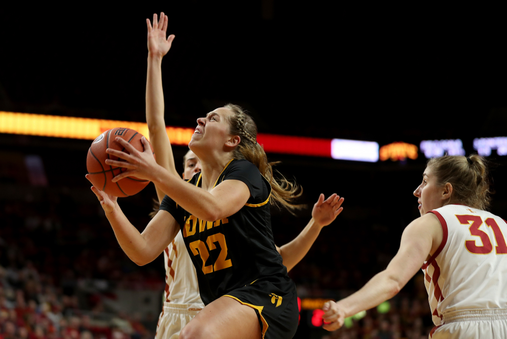 Iowa Hawkeyes guard Kathleen Doyle (22) against the Iowa State Cyclones Wednesday, December 11, 2019 at Hilton Coliseum in Ames, Iowa(Brian Ray/hawkeyesports.com)