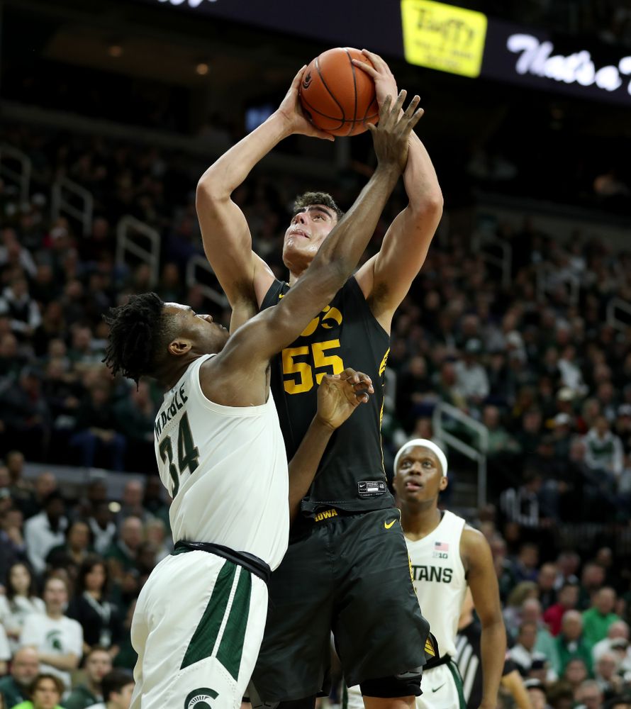 Iowa Hawkeyes forward Luka Garza (55) against Michigan State Tuesday, February 25, 2020 at the Breslin Center in East Lansing, MI. (Brian Ray/hawkeyesports.com)