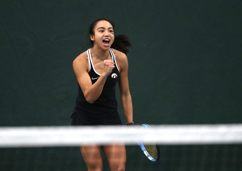 Iowa's Michelle Bacalla and Cloe Ruettte play a doubles match against the Penn State Nittany Lions Sunday, February 24, 2019 at the Hawkeye Tennis and Recreation Complex. (Brian Ray/hawkeyesports.com)