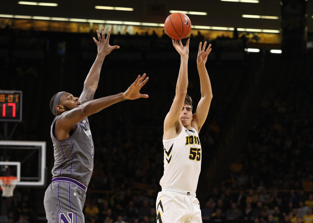 Iowa Hawkeyes forward Luka Garza (55) against the Northwestern Wildcats Sunday, February 10, 2019 at Carver-Hawkeye Arena. (Brian Ray/hawkeyesports.com)