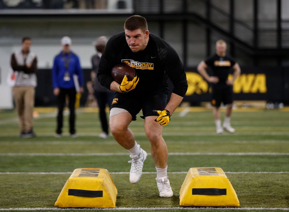 Iowa Hawkeyes fullback Drake Kulick (45) during the team's annual pro day Monday, March 26, 2018 at the Hansen Football Performance Center. (Brian Ray/hawkeyesports.com)