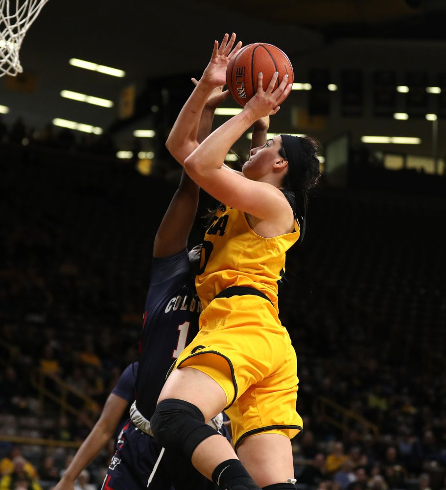 Iowa Hawkeyes forward Megan Gustafson (10) against the Robert Morris Colonials Sunday, December 2, 2018 at Carver-Hawkeye Arena. (Brian Ray/hawkeyesports.com)
