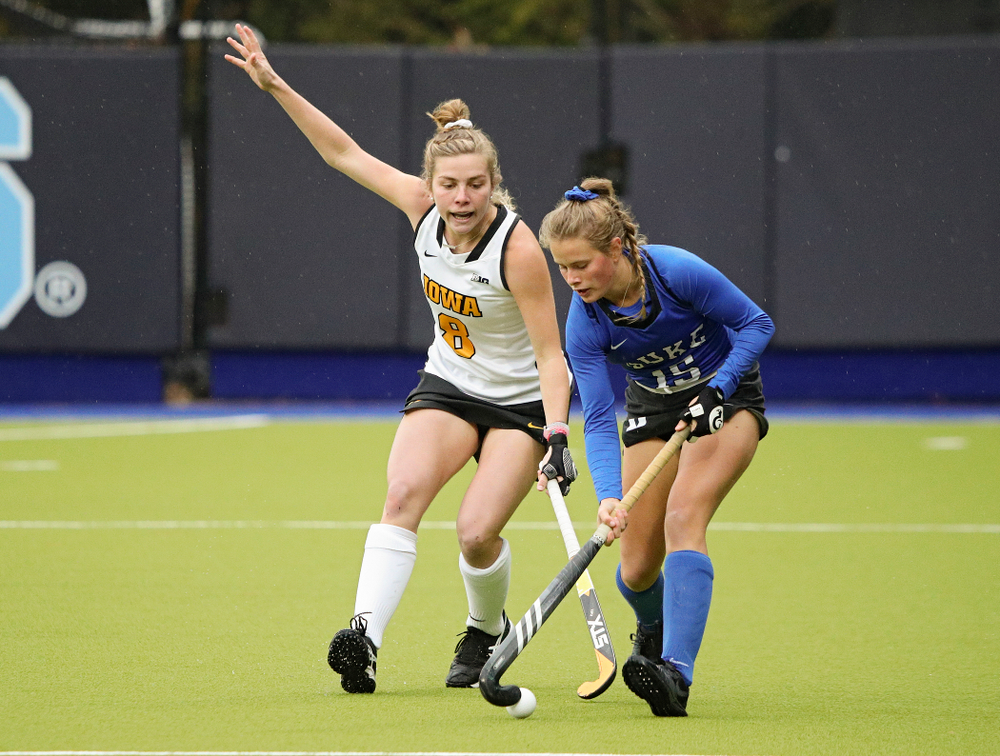 Iowa’s Nikki Freeman (8) tries to knock the ball away during the first quarter of their NCAA Tournament First Round match against Duke at Karen Shelton Stadium in Chapel Hill, N.C. on Friday, Nov 15, 2019. (Stephen Mally/hawkeyesports.com)