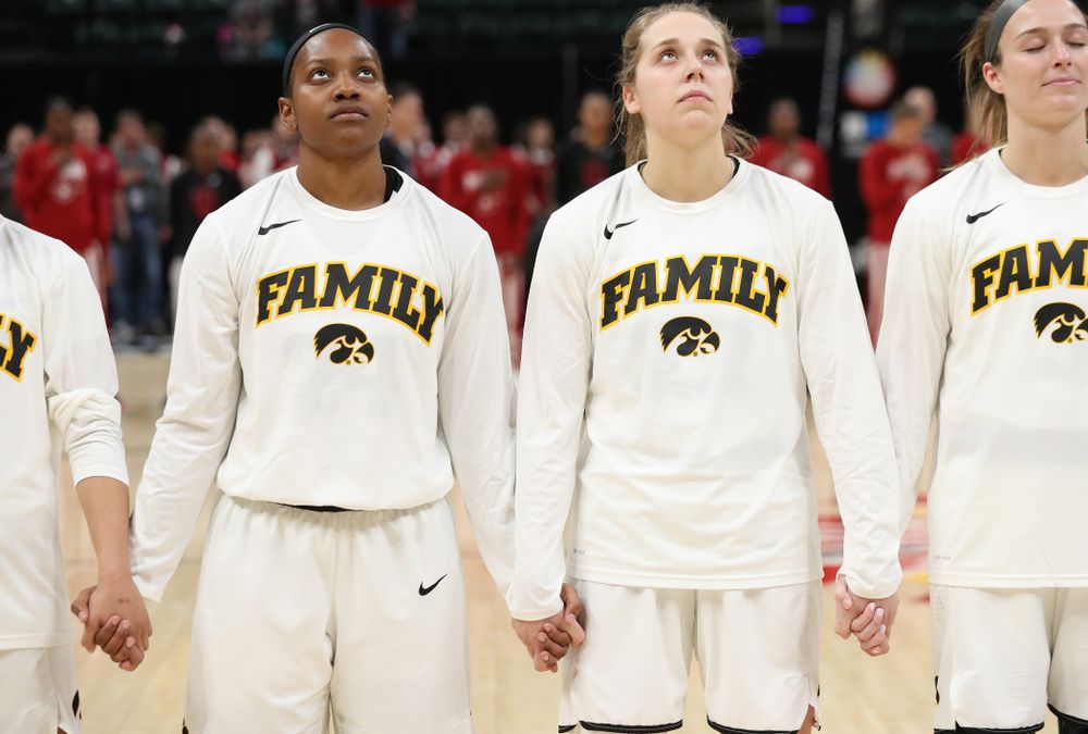 Iowa Hawkeyes guard Zion Sanders (24) and guard Kathleen Doyle (22) against the Indiana Hoosiers in the quarterfinals of the Big Ten Tournament Friday, March 8, 2019 at Bankers Life Fieldhouse in Indianapolis, Ind. (Brian Ray/hawkeyesports.com)